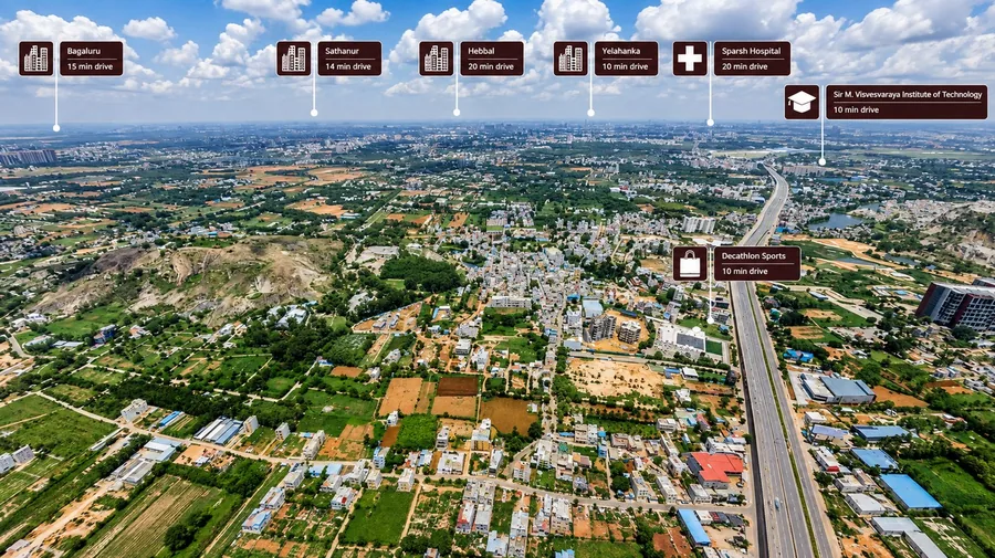 Distance to Bagaluru, Hebbal, Yelahanka, Sparsh Hospital, Decathlon Sports and Sir M. Visvesvaraya Institute of Technology
