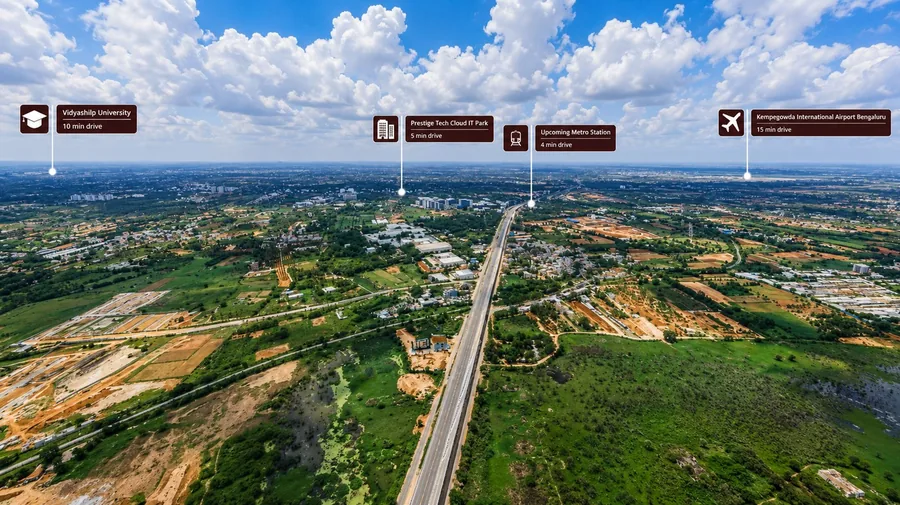 Distance to Vidyashilp University, Prestige Tech Cloud IT Park, upcoming metro station and Kempegowda International Airport