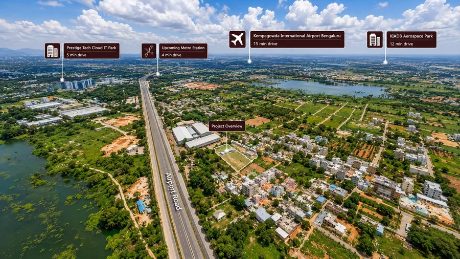 Distance to Kempegowda International Airport, Prestige Tech Cloud IT Park, upcoming metro station and KIADB Aerospace Park, with KAI's Project Overview marker